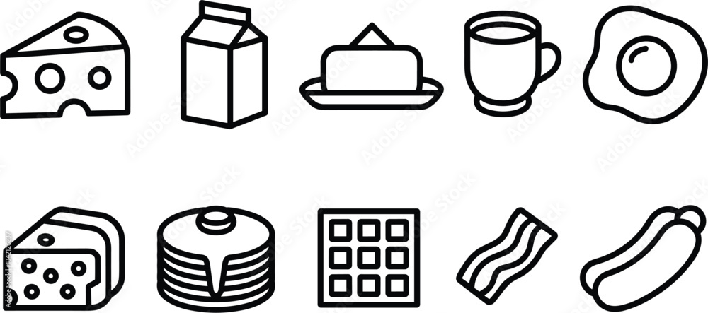 Fototapeta premium Breakfast Food Icons Cheese Milk Butter Coffee Egg Pancakes Waffle Bacon Hotdog Keywords: cheese