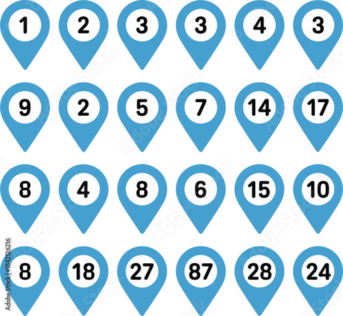 Blue Location Pin Icons with Numbers on White Background map marker pointer