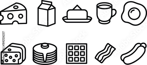 Breakfast Food Icons Cheese Milk Butter Coffee Egg Pancakes Waffle Bacon Hotdog Keywords: cheese
