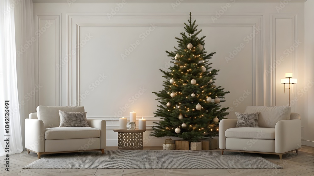 Fototapeta premium Simple Scandinavian-Style Living Room With A Minimalist Christmas Tree, Neutral Tones, And Softly Glowing Candles, Showcasing Cozy Elegance, Calm Design, And Modern Holiday Warmth
