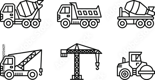 Construction Vehicle Icons with Cement Mixer and Crane truck dump truck