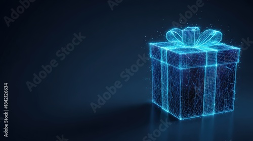 An illuminated gift box glows with an ethereal, futuristic aura against a deep backdrop. ..Created with Generative AI, not depicting real subjects.