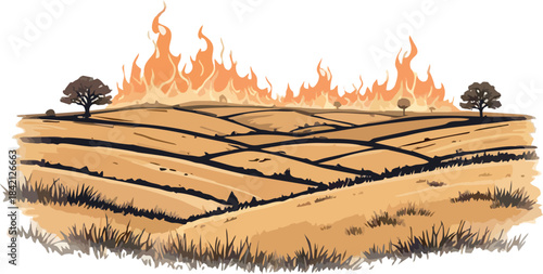 Flat vector illustration of wildfire spreading across dry farmland, golden fields with orange flames and two trees on horizon