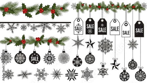 Seasonal graphic set with evergreen garlands, various snowflakes, and decorative baubles for winter sales promotions