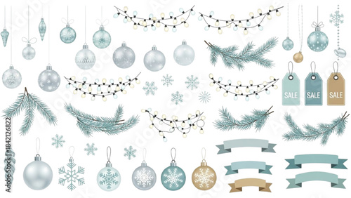 Winter Nature Graphics Set of evergreen and bare trees, snowflakes, and diverse snowdrifts for seasonal art