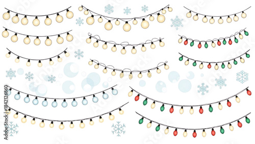 Festive string lights in various colors with snowflakes and bokeh effects