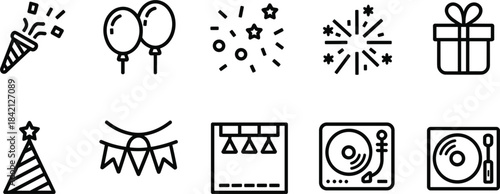 Party Celebration Icons Confetti Balloons Sparkler Gift Party Hat Bunting DJ Deck Keywords