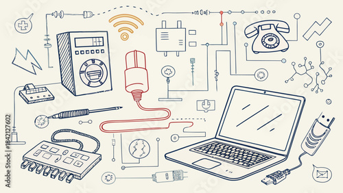 Technology Doodle Silhouettes Collage featuring Phones, Laptops, and Wireless Devices in a Modern Communication and Connectivity Concept