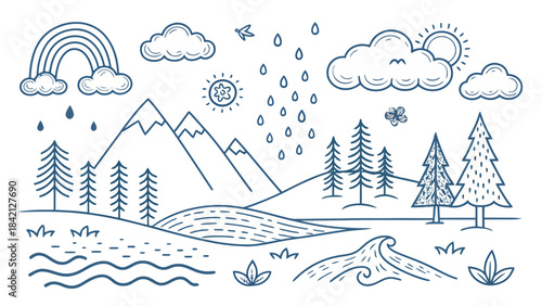 Organic Nature Doodle Silhouettes Featuring Mountains, Lush Trees, and Gentle Raindrops – Earthy Elements for Outdoor and Environment Themes
