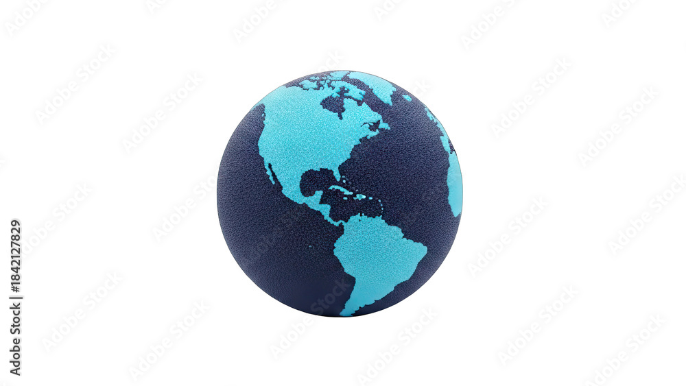 Fototapeta premium Digital Globe Depicting North and South America in Shades of Blue and Dark Navy Against a Transparent Background Created with Tiny Cubes in a Textured Pattern