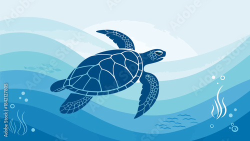 Minimalist Blue Turtle Silhouette with Clean, Curved Lines – Elegant Aquatic Animal Design for Serenity and Ocean Themes