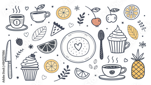 Delicious Food Doodle Silhouette Collection featuring Coffee Cups, Cupcakes, and various Treats, perfect for Cafe and Culinary Designs.