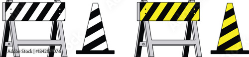 Black and white and yellow and black traffic cones and barriers on stands striped