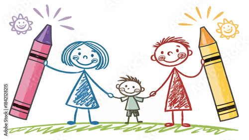 Simple Crayon Doodle Silhouette of a Stick Figure Family Holding Hands, a Heartwarming Vector Graphic for Human Connection and Abstract Concepts