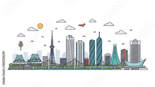 Modern urban cityscape illustration with dynamic skyline, towering skyscrapers, and prominent bridges, symbolizing architectural development and global city life