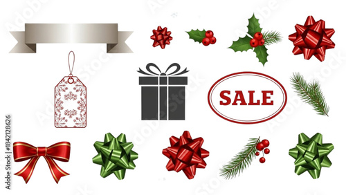 Festive Holiday Icons Ribbons, Bows, Gifts, Sale Tag, Holly, and Pine Sprigs