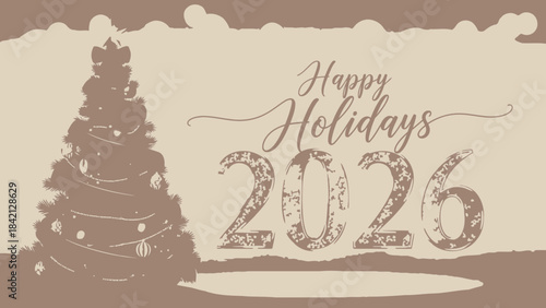 Happy holidays 2023 with christmas tree on beige background with brown accents and decorations