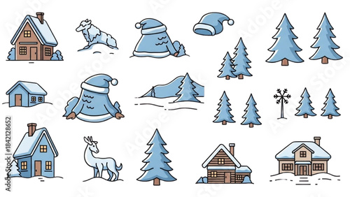 Cozy Winter Scene Elements for Holiday Design and Christmas Decorations