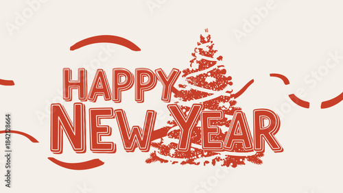 Happy new year greeting with red text and christmas tree on beige background