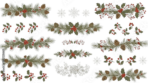 Festive Christmas Garlands and Decorative Elements for Holiday Design