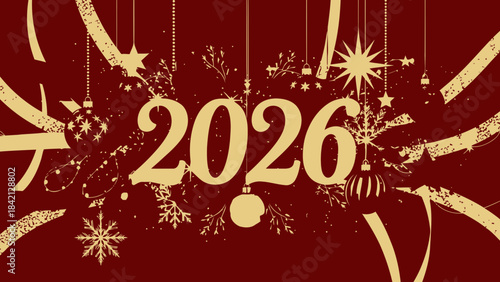 Gold 2026 new year celebration with ornaments and snowflakes on red background