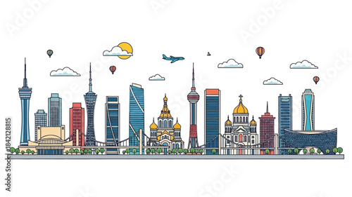 A vibrant skyline illustration featuring a diverse array of modern and historic architectural landmarks against a clear sky with clouds and a distant airplane