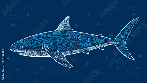Sleek Blue Vector Shark Silhouette, dynamic line art design for ocean, power, or aquatic themes, perfect for branding.