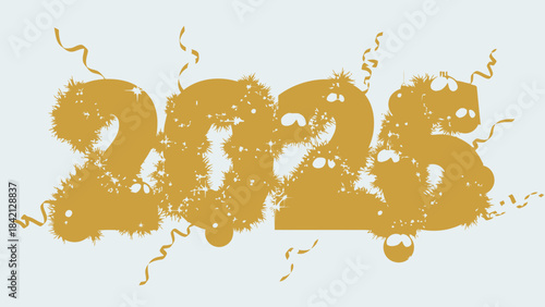 Gold 2025 new year celebration with confetti and ribbons on light blue background
