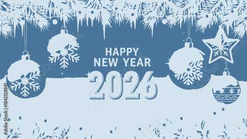 Happy new year 2026 festive illustration with blue and white snowflakes ornaments