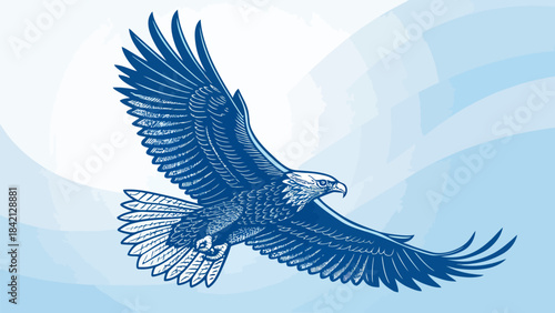 Soaring Blue Vector Line Silhouette of an Eagle in Flight, majestic and symbolic design for freedom, power, or national pride.