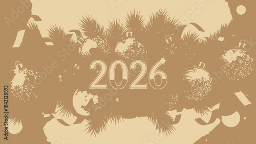 New year 2026 celebration with festive decorations and fireworks on brown background with white accents