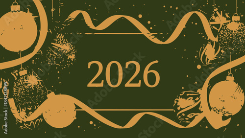 New years eve 2026 celebration with gold ornaments on dark green background