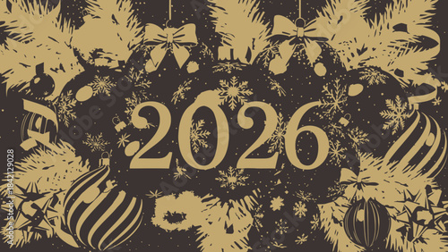 Gold and black 2026 new year celebration background with ornaments and snowflakes design element