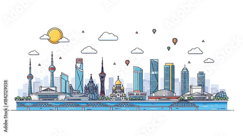 Iconic Japanese Pagodas and Towers A Colorful Skyline Illustration of Traditional Architecture