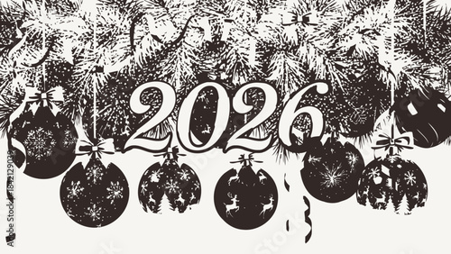 Black and white illustration of christmas ornaments and fireworks with 2026 text for new years eve celebration