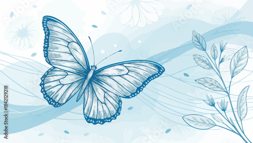 Delicate Blue Line Art Silhouette of a Butterfly, graceful and minimalist design for nature-themed projects, elegant animal icon.
