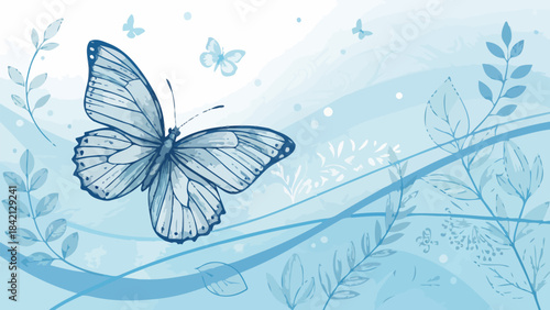 Delicate Blue Line Art Silhouette of a Butterfly, graceful and minimalist design for nature-themed projects, elegant animal icon.