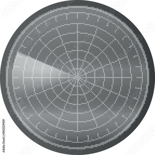 Realistic digital gray HUD radar display in searching, vector pixel navigation interface, 8 bit navy or air sonar system