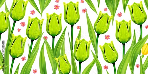Whimsical stylized green tulips in a botanical pattern on white background,  botany,  stylized