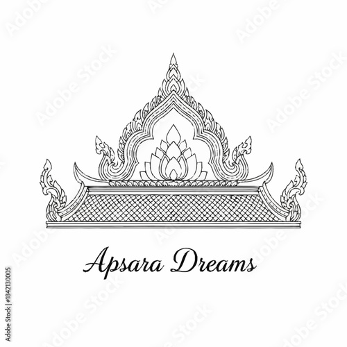 Vintage vector illustration of old gold Thai temple architecture and roof design, a travel symbol of Thailand culture and asia religion