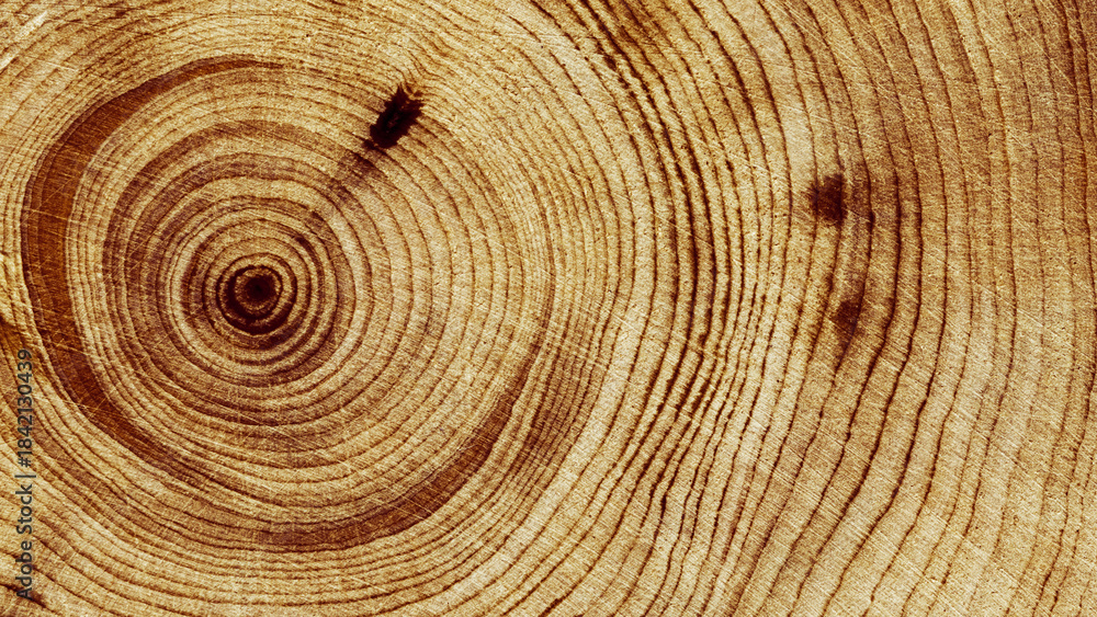 Fototapeta premium Wooden annual rings texture natural background, waves shape of timber tree as minimal nature pattern, banner. Cross-section of juniper. Wood texture eco-friendly, organic or rustic aesthetics.