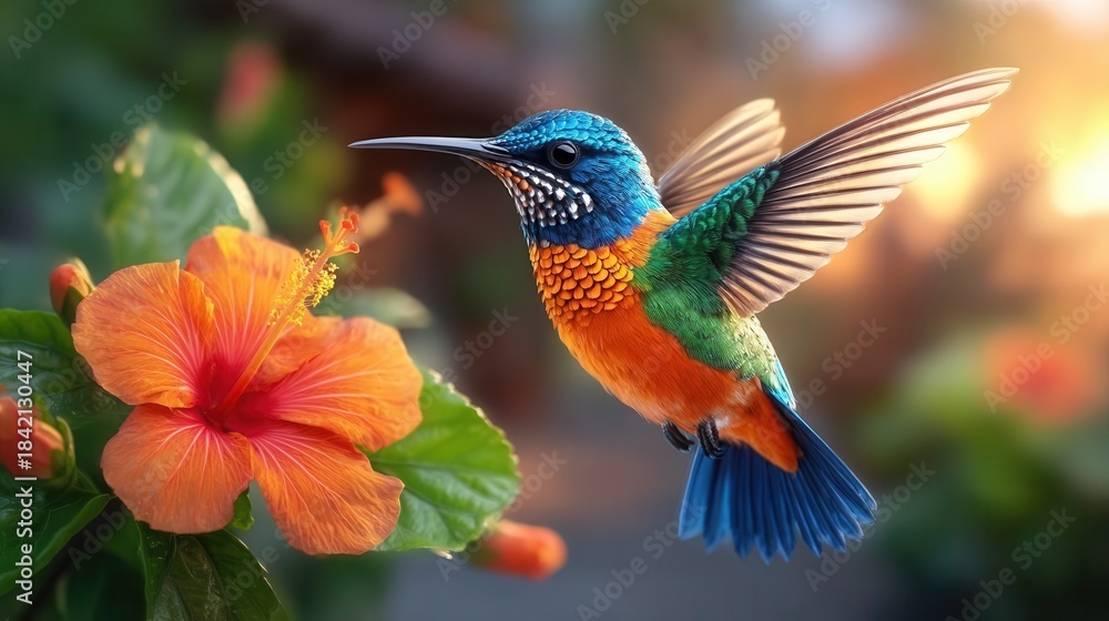 Naklejka premium Vibrant hummingbird in flight near orange hibiscus flower in garden