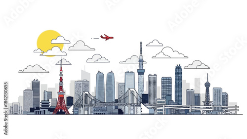 Diverse Skyline of a Major City with Iconic Structures and Transportation Elements under a Sunny Sky