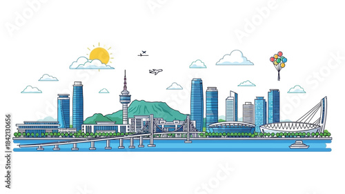 Vibrant Cityscape Panorama with Mountains and River Under a Sunny Sky
