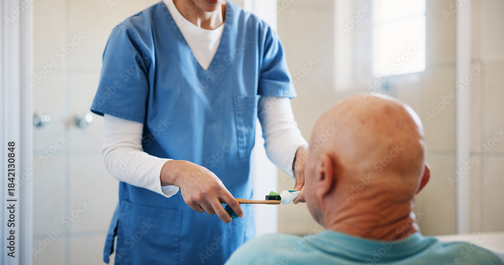 Fototapeta premium Nurse, hands and toothbrush for old man in bathroom, assisted living and dental hygiene in home. Caregiver, toothpaste and sustainable oral product for elderly person with disability in retirement