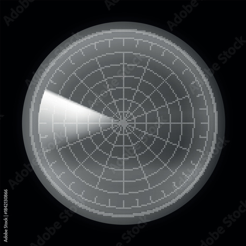 Pixel 8 bit retro video game navy or air sonar, gray radar in searching, vector radar display, detection system on black