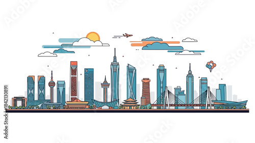 A vibrant cityscape illustration showcasing modern architecture, bridges, and transportation across a horizon under a sunburst