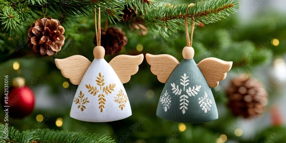 Fototapeta premium White and green wooden angels hanging on Christmas tree