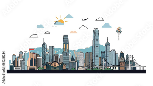 Vibrant modern city skyline illustration with towering skyscrapers under a bright sunny sky and dynamic urban elements in a clean line art style
