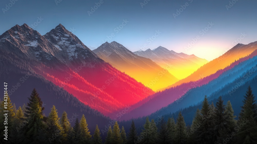 Obraz premium Vibrant mountain range at sunset with colorful sky and trees in foreground